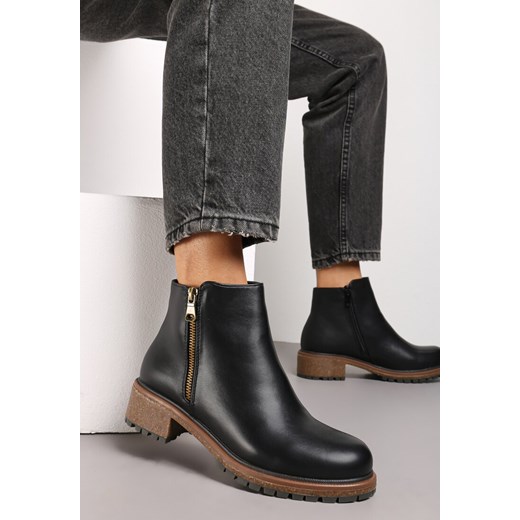 Czarne Botki za Kostkę z Ozdobnym Suwakiem Gevira ze sklepu born2be.pl w kategorii Botki - zdjęcie 186013776