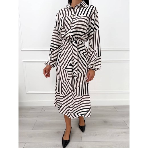 Beżowo-Brązowa Sukienka Midi w Geometryczny Wzór ze sklepu ModnaKiecka.pl w kategorii Sukienki - zdjęcie 186016546