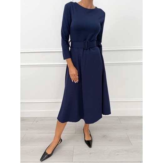 Granatowa Rozkloszowana Sukienka z Paskiem ze sklepu ModnaKiecka.pl w kategorii Sukienki - zdjęcie 186016687
