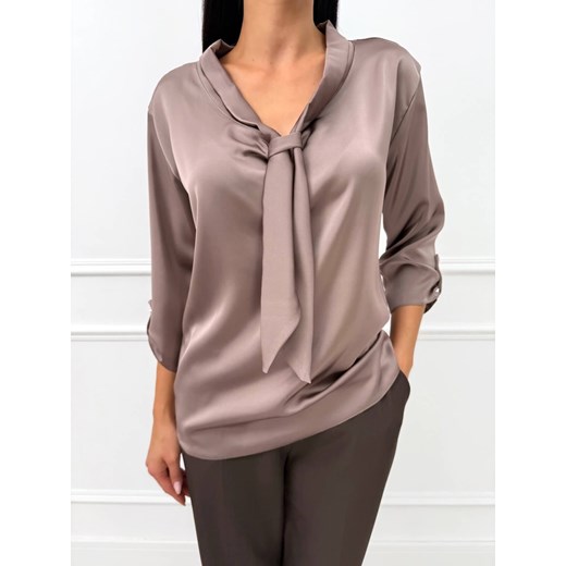 Brązowa Bluzka z Wiązaniem przy Dekolcie ze sklepu ModnaKiecka.pl w kategorii Bluzki damskie - zdjęcie 186016855