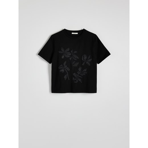 Reserved - Bawełniany T-shirt z haftem - czarny ze sklepu Reserved w kategorii Bluzki damskie - zdjęcie 186026618