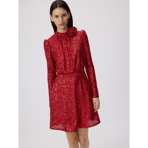 Reserved - Cekinowa sukienka z bufiastymi rękawami - czerwony Reserved M promocja Reserved