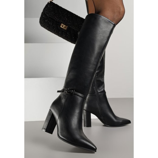 Czarne Kozaki na Słupkowym Obcasie z Noskiem w Szpic i Klamerką na Pasku Levitta Renee 36 renee.pl