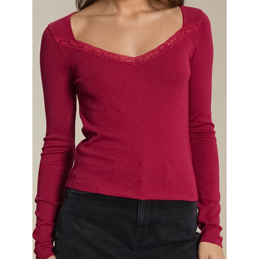 Sinsay - Bluzka z długim rękawem z modalem - bordowy Sinsay S Sinsay
