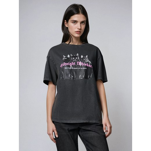 Sinsay - Bawełniana koszulka z nadrukiem - fioletowy Sinsay M Sinsay