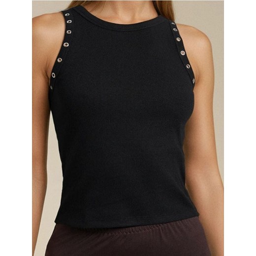 Sinsay - Prążkowany top z ozdobnymi dżetami - czarny ze sklepu Sinsay w kategorii Bluzki damskie - zdjęcie 186083349
