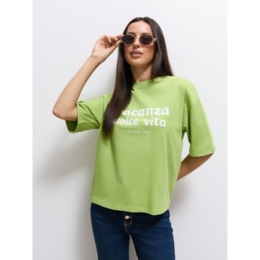 Mohito - Bawełniany t-shirt z nadrukiem - zielony ze sklepu Mohito w kategorii Bluzki damskie - zdjęcie 186085035