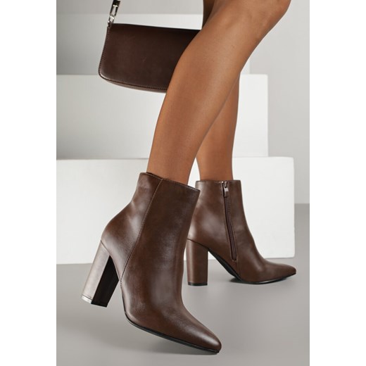 Brązowe Klasyczne Botki na Słupku z Noskiem w Szpic Tavitta Renee 38 renee.pl
