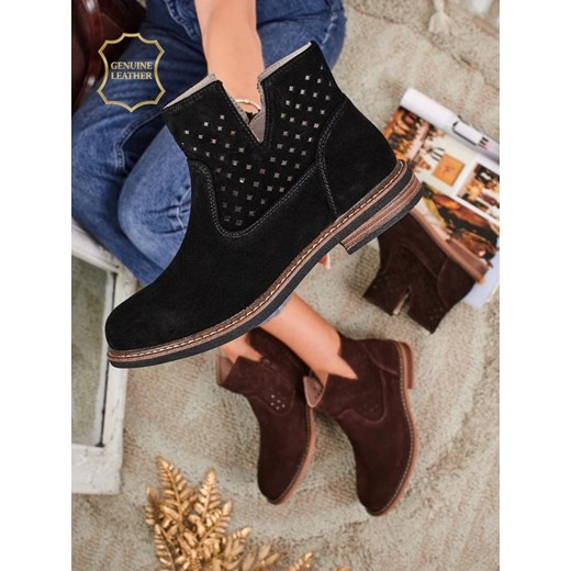 Botki Aurelia Nero zamszowe ażurowe botki damskie płaski obcas 3cm ze sklepu royalfashion.pl w kategorii Botki - zdjęcie 186085569