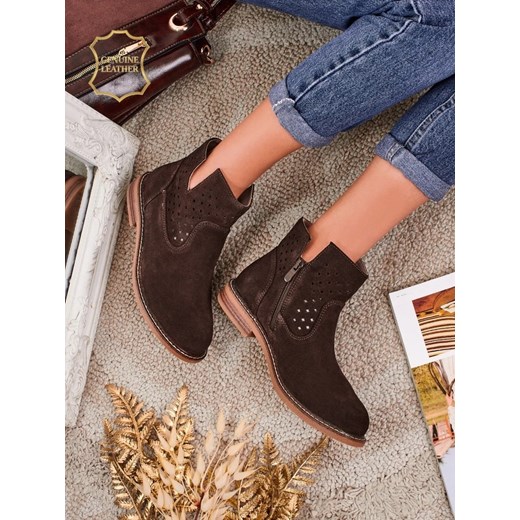 Aurelia Verona - Brązowe botki zamszowe damskie z naturalnej skóry, 3 cm obcas ze sklepu royalfashion.pl w kategorii Botki - zdjęcie 186085579
