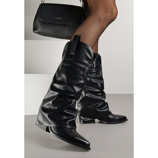 Czarne Marszczone Kozaki Typu Kowbojki na Stożkowym Obcasie z Wywiniętą Cholewką 39 born2be.pl