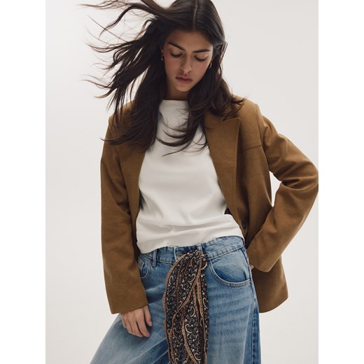 Reserved - Marynarka oversize z imitacji zamszu - brązowy ze sklepu Reserved w kategorii Marynarki damskie - zdjęcie 186089959