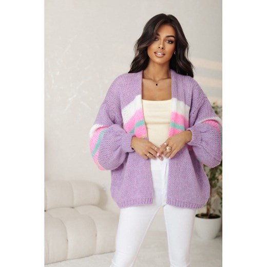 krótki pastelowy sweter rozpinany ema w paski polski producent j&k premium - liliowy ze sklepu STYLOWO w kategorii Swetry damskie - zdjęcie 186090929