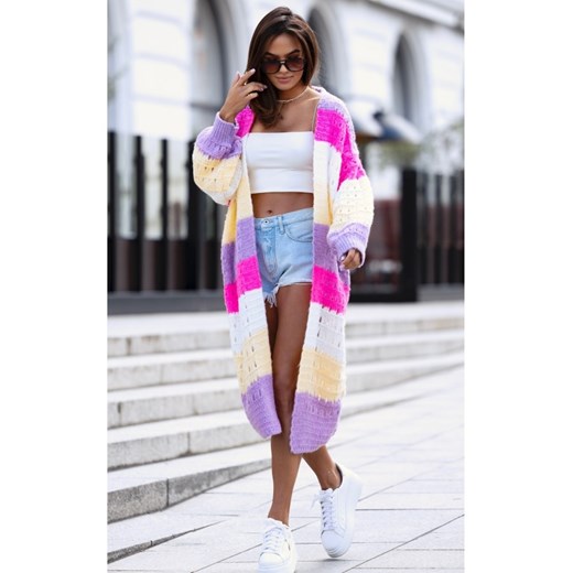 kolorowy sweter kardigan flow polski producent j&k premium - fuksja ze sklepu STYLOWO w kategorii Swetry damskie - zdjęcie 186091096