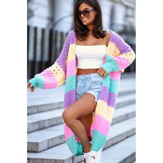kolorowy sweter kardigan flow polski producent j&k premium - liliowy ze sklepu STYLOWO w kategorii Swetry damskie - zdjęcie 186091098