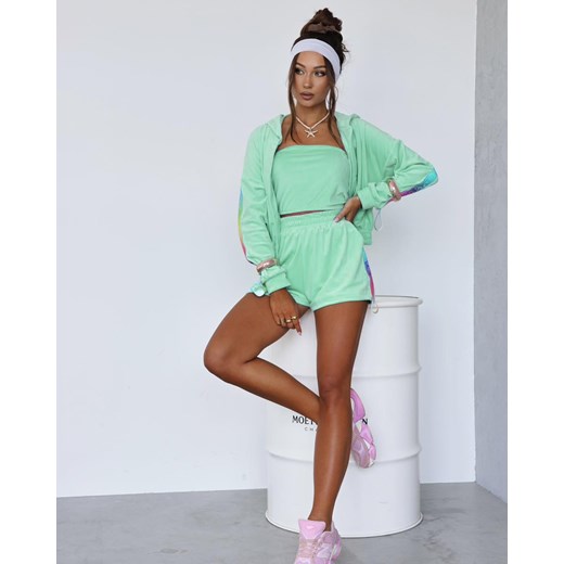 welurowy dres besti multicolor la perla bluza kangurka + krótkie spodenki + top - mięta ze sklepu STYLOWO w kategorii Dresy damskie - zdjęcie 186091158