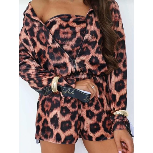 welurowy dres besti la perla bluza kangurka + krótkie spodenki + top - wzór pantera czekolada ze sklepu STYLOWO w kategorii Komplety i garnitury damskie - zdjęcie 186091336