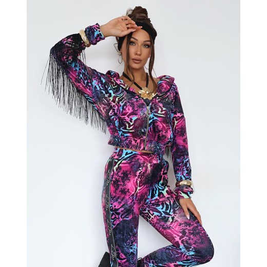 welurowy dres besties frędzle la perla bluza + top + spodnie z czarnymi lampasami - print różowy ze sklepu STYLOWO w kategorii Dresy damskie - zdjęcie 186091466