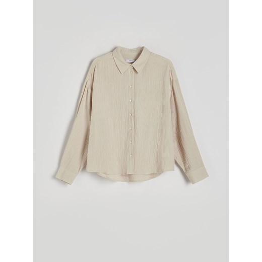 Reserved - Koszula oversize z bawełnianego muślinu - beżowy ze sklepu Reserved w kategorii Koszule damskie - zdjęcie 186092518