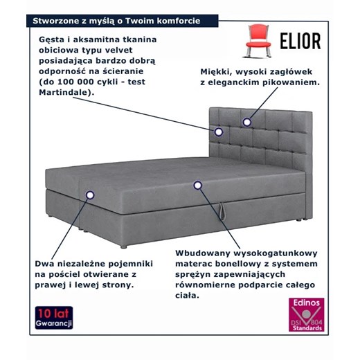 Szare tapicerowane łóżko z pojemnikiem na pościel 6 rozmiarów K2-L03 Elior Edinos.pl