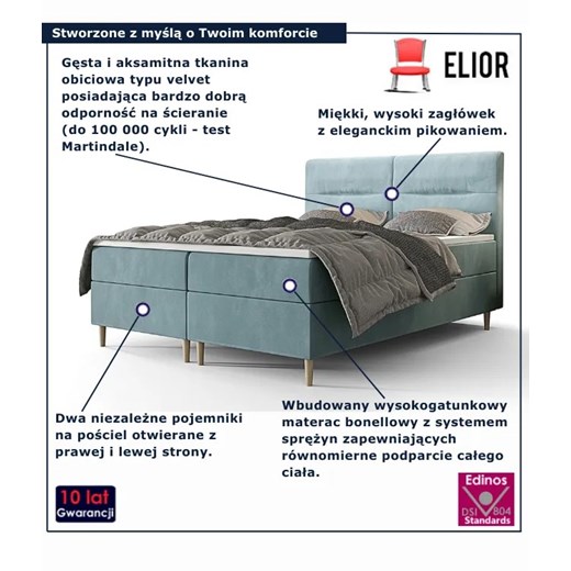 Niebieskie łóżko kontynentalne z pojemnikiem 6 rozmiarów - Velinar Elior Edinos.pl