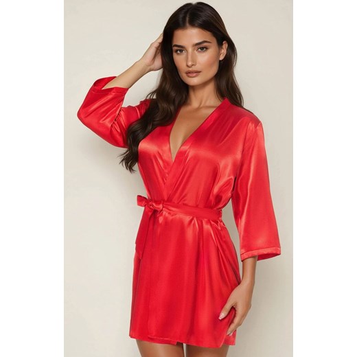 Satynowy szlafrok damski z rękawami 3/4 czerwony Aria, Kolor czerwony, Rozmiar S, Irall ze sklepu Primodo w kategorii Szlafroki damskie - zdjęcie 186118946