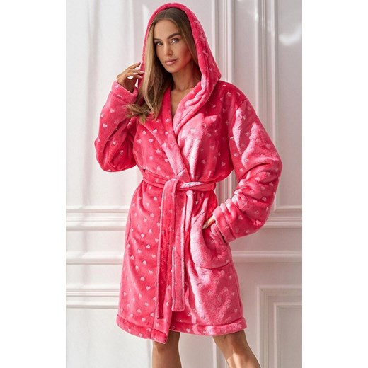 Krótki szlafrok damski z kapturem malinowy 2550 Amira, Kolor malinowy, Rozmiar S, L&amp;L ze sklepu Primodo w kategorii Szlafroki damskie - zdjęcie 186119398