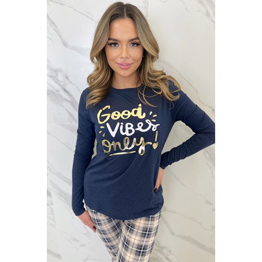 Długa granatowa piżama damska z spodniami w kratę BESSY, Kolor granatowo-beżowy, Rozmiar M, Sorbetto ze sklepu Intymna w kategorii Piżamy damskie - zdjęcie 186121877