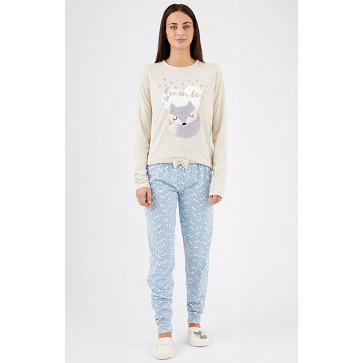 Długa piżama damska z liskiem bawełniana ZERDA, Kolor ecru-niebieski, Rozmiar L, Sorbetto ze sklepu Intymna w kategorii Piżamy damskie - zdjęcie 186121948