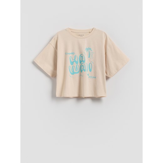 Reserved - Bawełniany t-shirt z nadrukiem - beżowy - id: 528EX-08X - marki Reserved - 186131807 Reserved - Bawełniany t-shirt z nadrukiem - beżowy ze sklepu Reserved w kategorii Bluzki dziewczęce - zdjęcie 186131807