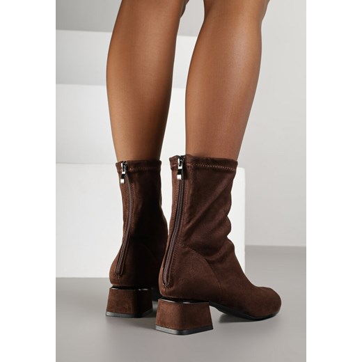 Brązowe Eleganckie Botki VICES Skarpetkowe na Klocku z Metalicznym Zdobieniem Renee 39 renee.pl