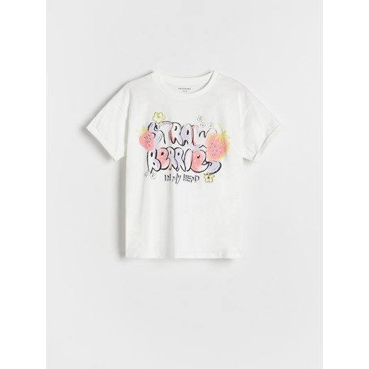 Reserved - Bawełniany t-shirt z nadrukiem - złamana biel Reserved 164 (13 lat) wyprzedaż Reserved