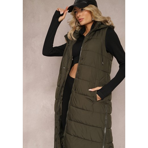 Ciemnozielona Pikowana Kamizelka Bezrękawnik o Przedłużonym Fasonie z Kapturem Tawari ze sklepu renee.pl w kategorii Kamizelki damskie - zdjęcie 186142737