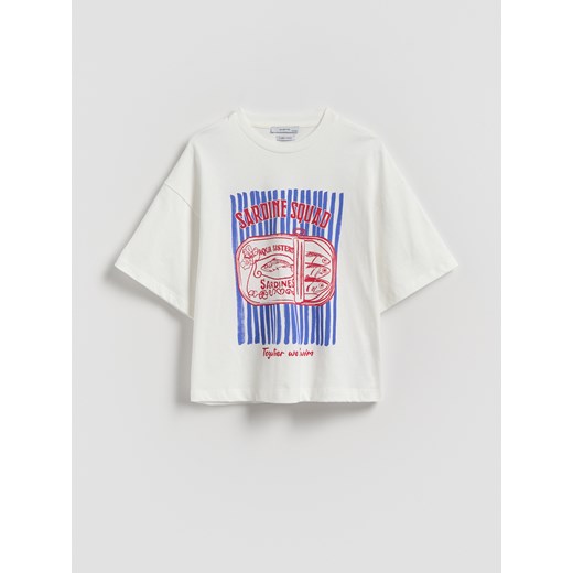 Reserved - Luźny t-shirt z nadrukiem - złamana biel ze sklepu Reserved w kategorii Bluzki dziewczęce - zdjęcie 186146056