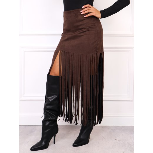 SPÓDNICA MIDI Z IMITACJI ZAMSZU Z FRĘDZLAMI- CZEKOLADOWA ze sklepu olika.com.pl w kategorii Spódnice - zdjęcie 186146819