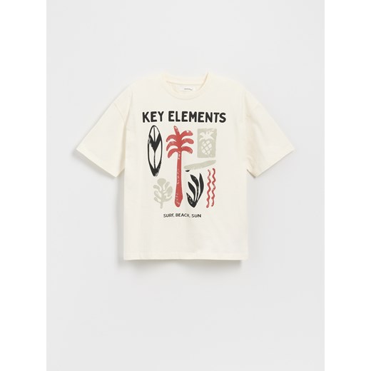 Reserved - Bawełniany t-shirt z nadrukiem - złamana biel Reserved 134/140 (8-9 lat) okazja Reserved