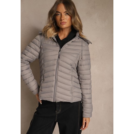 Szara Przejściowa Kurtka z Pikowanymi Przeszyciami i Kapturem Suritte ze sklepu renee.pl w kategorii Kurtki damskie - zdjęcie 186171539