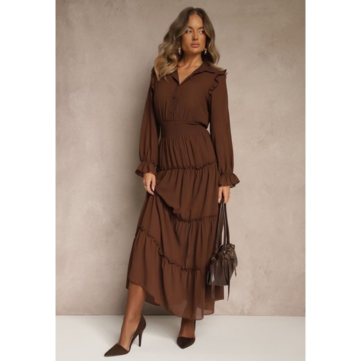 Brązowa Sukienka VICES Koszulowa z Falbaną w Rustykalnym Stylu Arivite ze sklepu renee.pl w kategorii Sukienki - zdjęcie 186171678