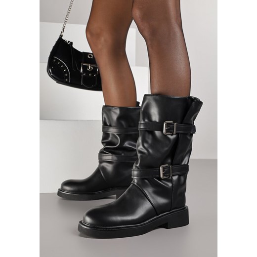 Czarne Botki Biker Boots z Marszczoną Cholewką i Paskami ze Sprzączkami Sinesa ze sklepu renee.pl w kategorii Botki - zdjęcie 186174649