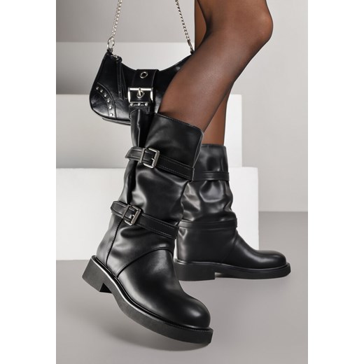 Czarne Marszczone Botki w Motocyklowym Stylu z Paskami z Klamrami Settania ze sklepu born2be.pl w kategorii Botki - zdjęcie 186174828