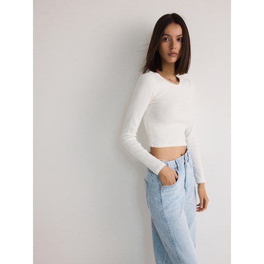 Reserved - Krótki bawełniany longsleeve - biały ze sklepu Reserved w kategorii Bluzki damskie - zdjęcie 186177459