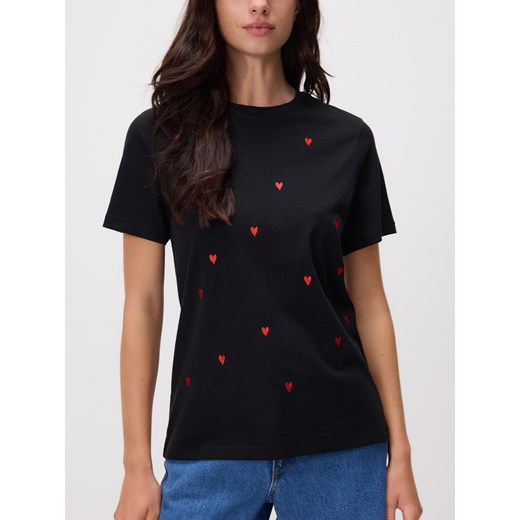 Reserved - T-shirt regular z drobnym haftem - czarny ze sklepu Reserved w kategorii Bluzki damskie - zdjęcie 186178649