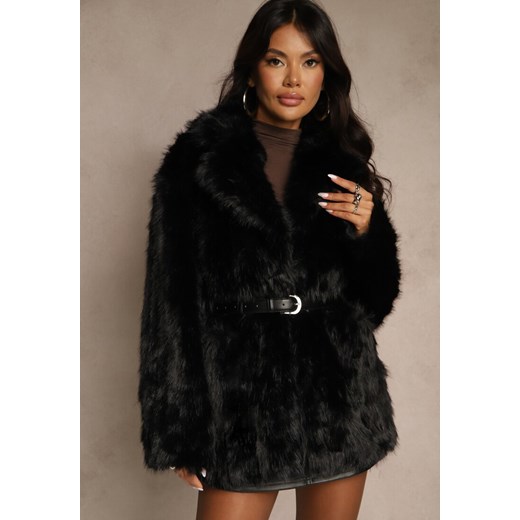 Czarna Kurtka Futerko w Eleganckim Stylu z Paskiem z Klamerką Govera ze sklepu renee.pl w kategorii Kurtki damskie - zdjęcie 186178787