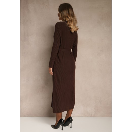 Brązowa Prążkowana Sukienka Dzianinowa z Domieszką Wełny Zapinana na Guziki Renee M renee.pl