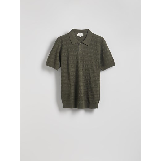 Reserved - Ażurowa koszulka polo z lnem - zielony Reserved XL okazyjna cena Reserved