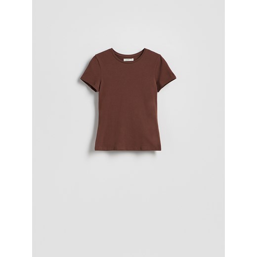 Reserved - Bawełniany t-shirt slim fit - ciemnobrązowy ze sklepu Reserved w kategorii Bluzki damskie - zdjęcie 186183296