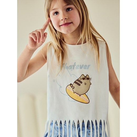 Reserved - T-shirt z frędzlami Pusheen - złamana biel ze sklepu Reserved w kategorii Bluzki dziewczęce - zdjęcie 186184685