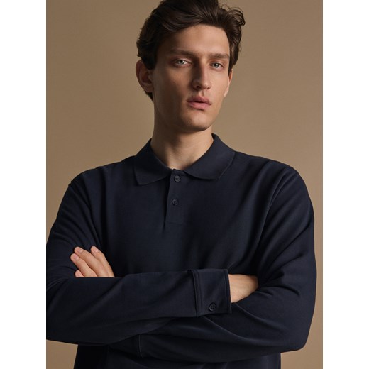 Reserved - Bawełniany longsleeve polo - granatowy ze sklepu Reserved w kategorii T-shirty męskie - zdjęcie 186188989