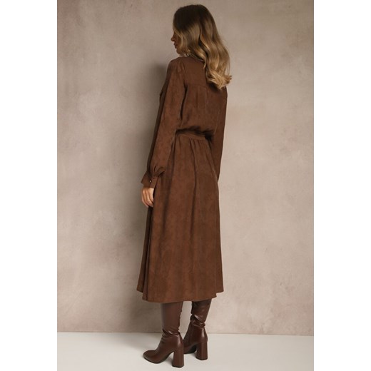 Brązowa Koszulowa Sukienka z Wiskozy o Rozkloszowanym Fasonie z Wiązaniem Renee L renee.pl