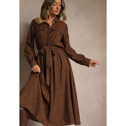 Brązowa Koszulowa Sukienka z Wiskozy o Rozkloszowanym Fasonie z Wiązaniem Renee M renee.pl